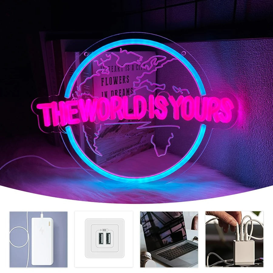 The World Is Yours Led Neon Sign, Earth-Shaped Sign 3D Sculpture, Used For Bedroom, Club And Game Room Decor, Powered By Usb.