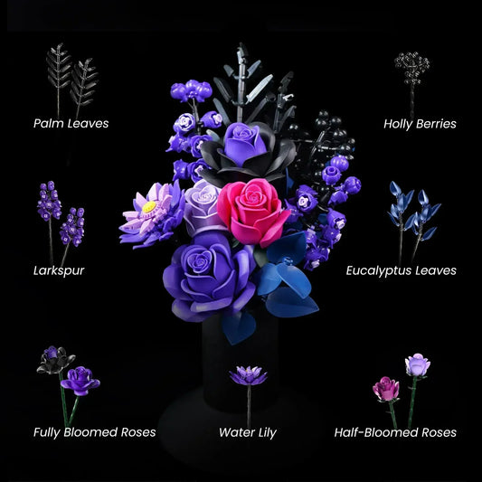 BuildMOC Purple Rose Botanical Building Block Set,Gothic Decor Artificial Rose Flower Bouquet Model Toys Valentines Day Gifts